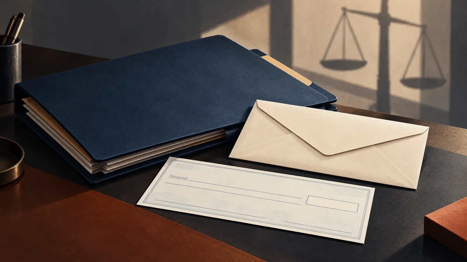 Editorial illustration of a navy case folder, sealed envelope and blank cheque motif on a desk